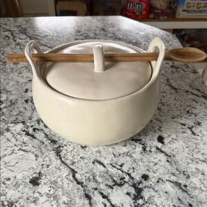 Cost Plus World Market Cream Ceramic Dish with Wooden Spoon